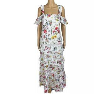 N/Nicholas Daffodil Cotton Dress Broderie White Floral Cold Shoulder Tiered